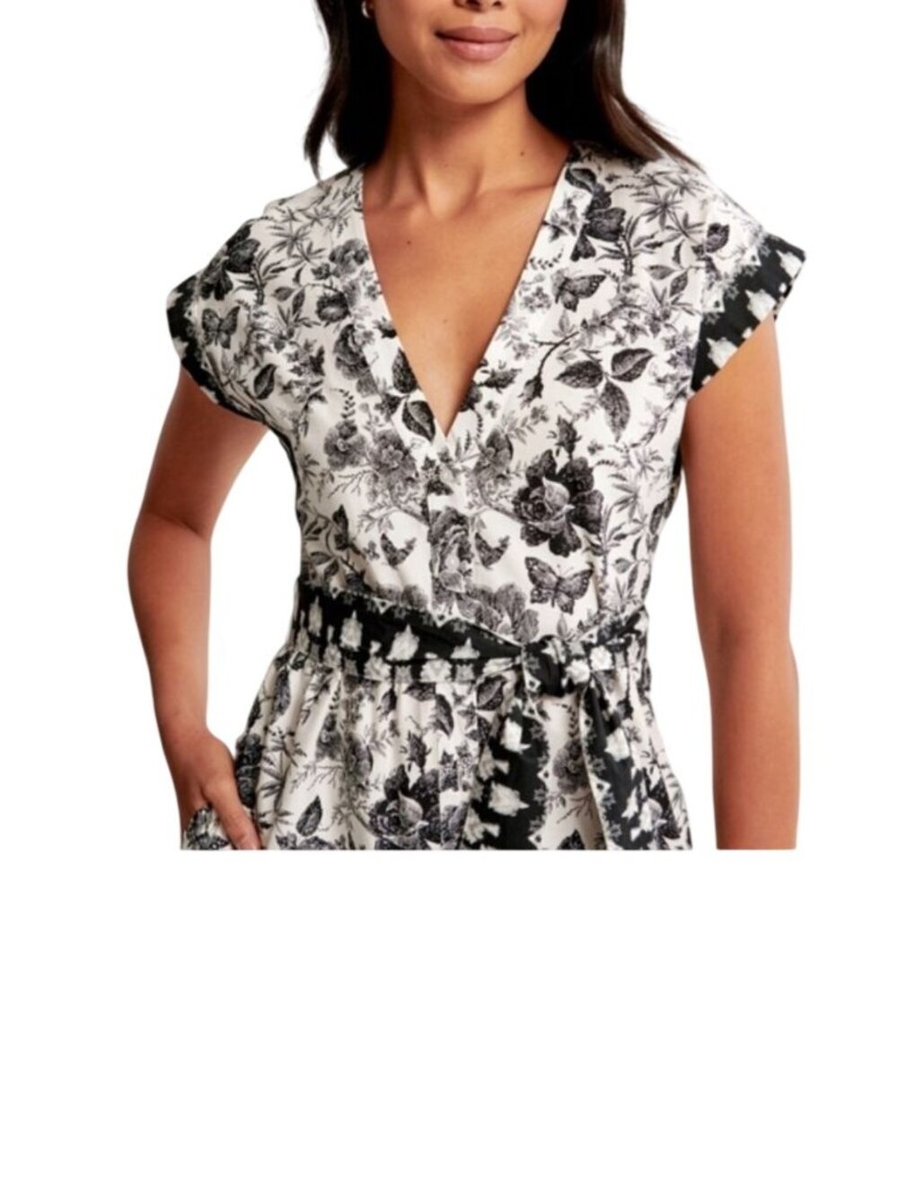 Abercrombie & Fitch Womens Floral Black White Maxi Dress Belted Waist Large Tall - Picture 2 of 14